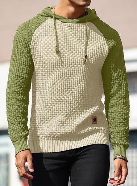 ZAITUN MENS HOODED SWEATSHIRT LONG SLEEVE SOLID KNITTED HOODIE PULLOVER SWEATER GREEN KHAKI