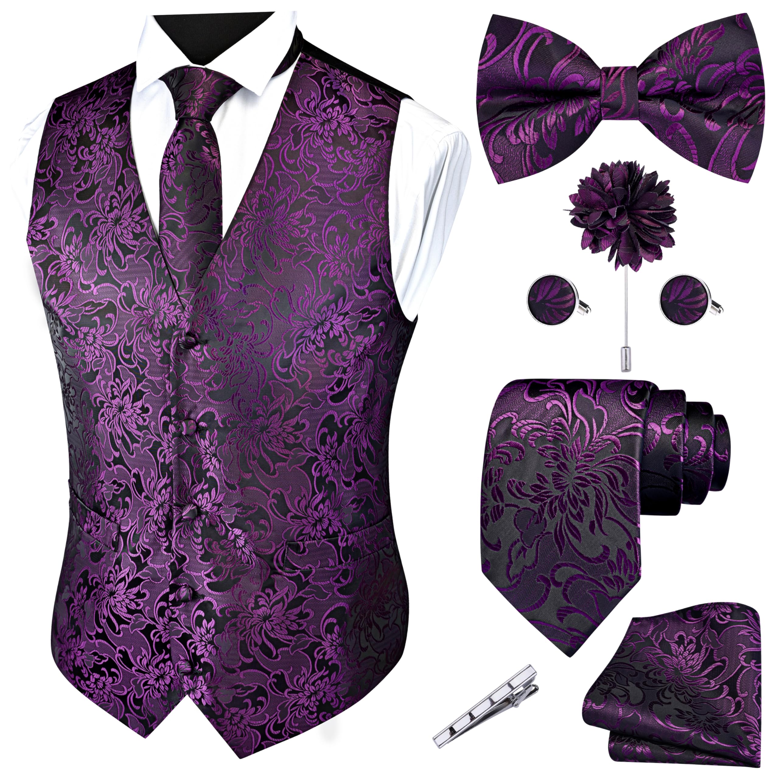 GUSLESON Purple Vest Floral Suit Vest Tie and Bow