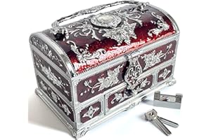 KiteStar Retro Jewelry Box Arched Vintage Rectangular Metal Chest Necklace Ring Earrings Storage Case for Women Girls (Chrome Transparent Red, XL Lock)