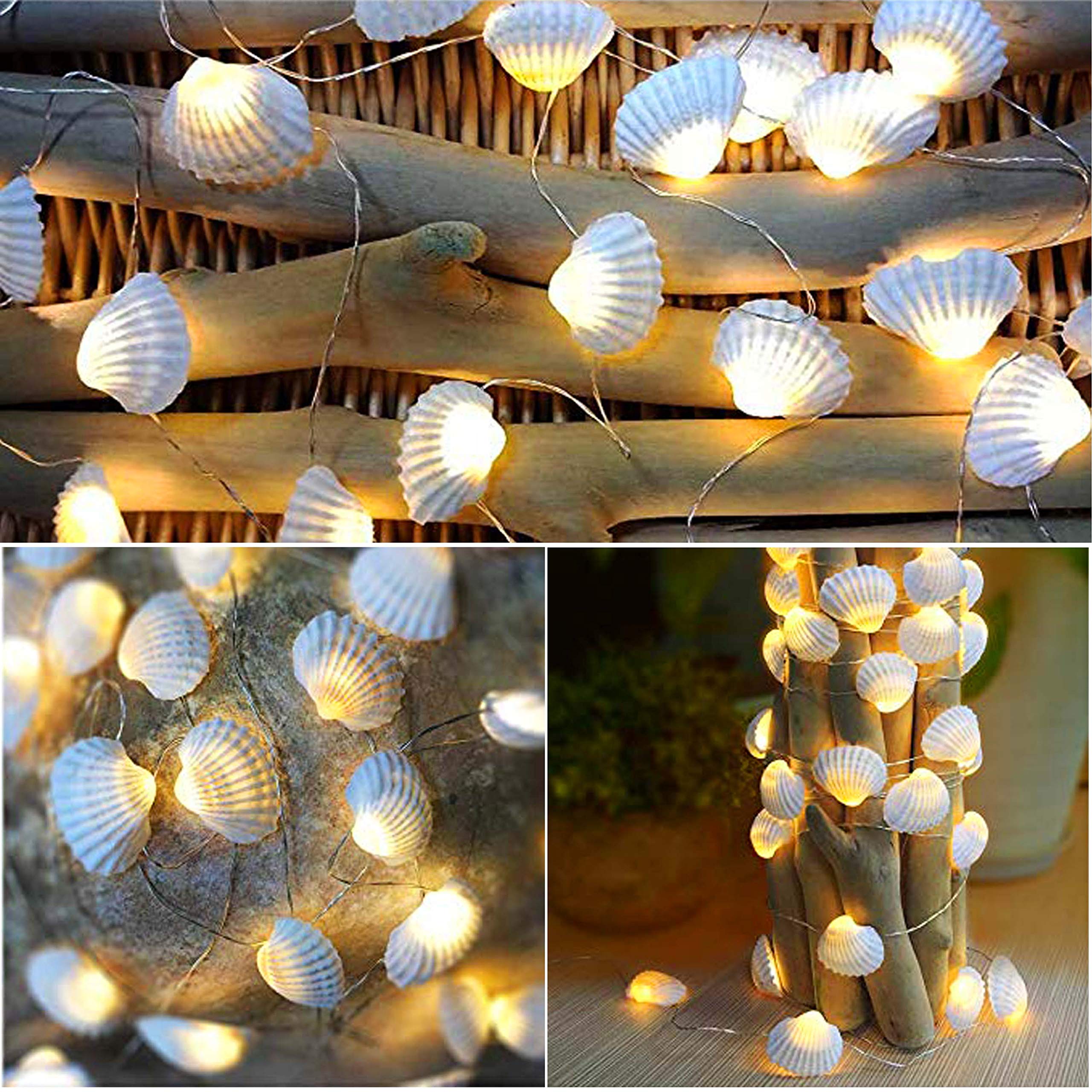 Photo 1 of Decorman Natural Seashell String Lights 13.2ft 40 LED 8 Modes Warm White Weatherproof Battery Operated Ocean Theme Lights for Bedrooms Parties Weddings Gardens with Remote and Timer (Natural Shell)