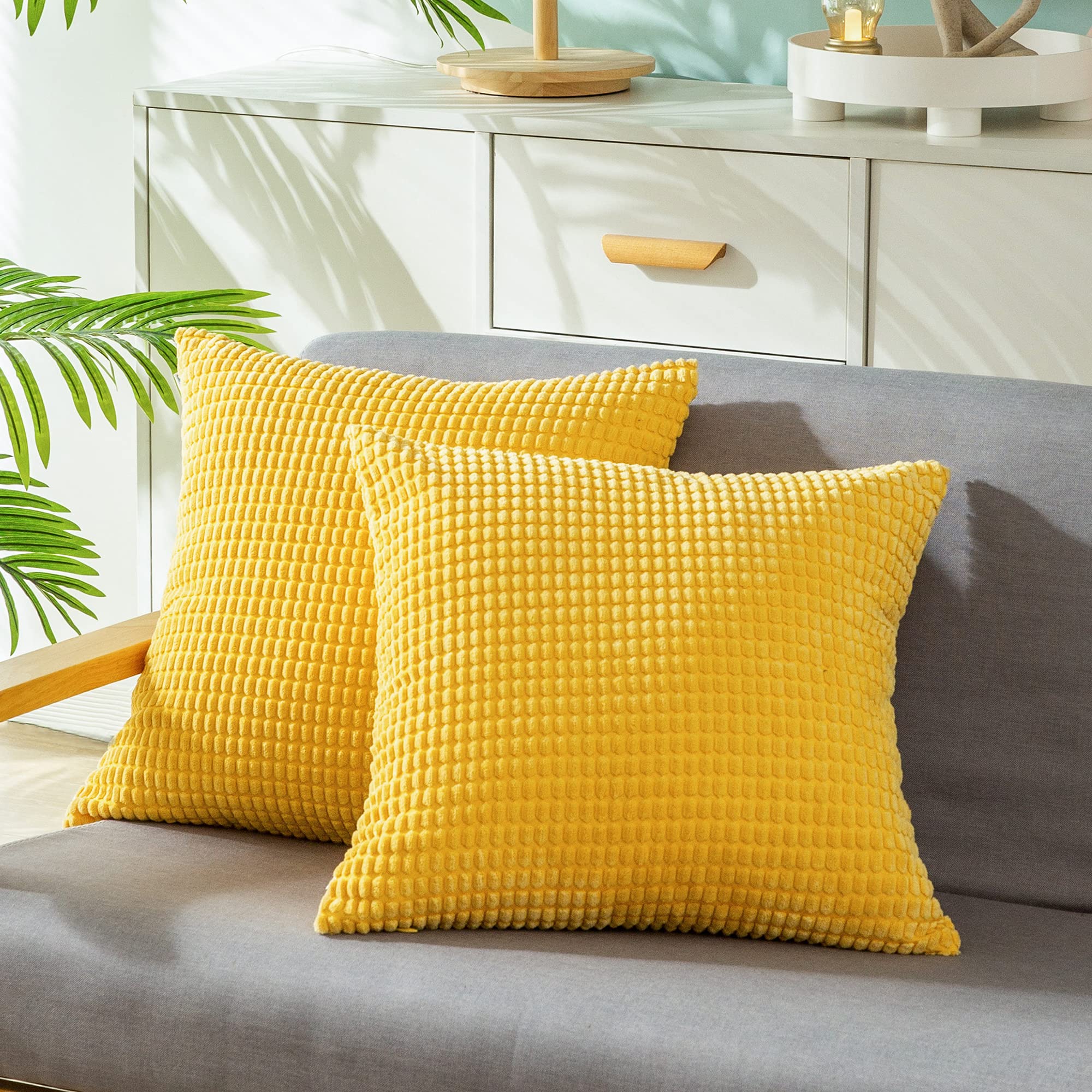 CaliTime Pack of 2 Comfy Throw Pillow Covers Cases for Couch Sofa Bed Comfortable Supersoft Corduroy Corn Striped Both Sides 45cm x 45cm Gold Yellow — image 1