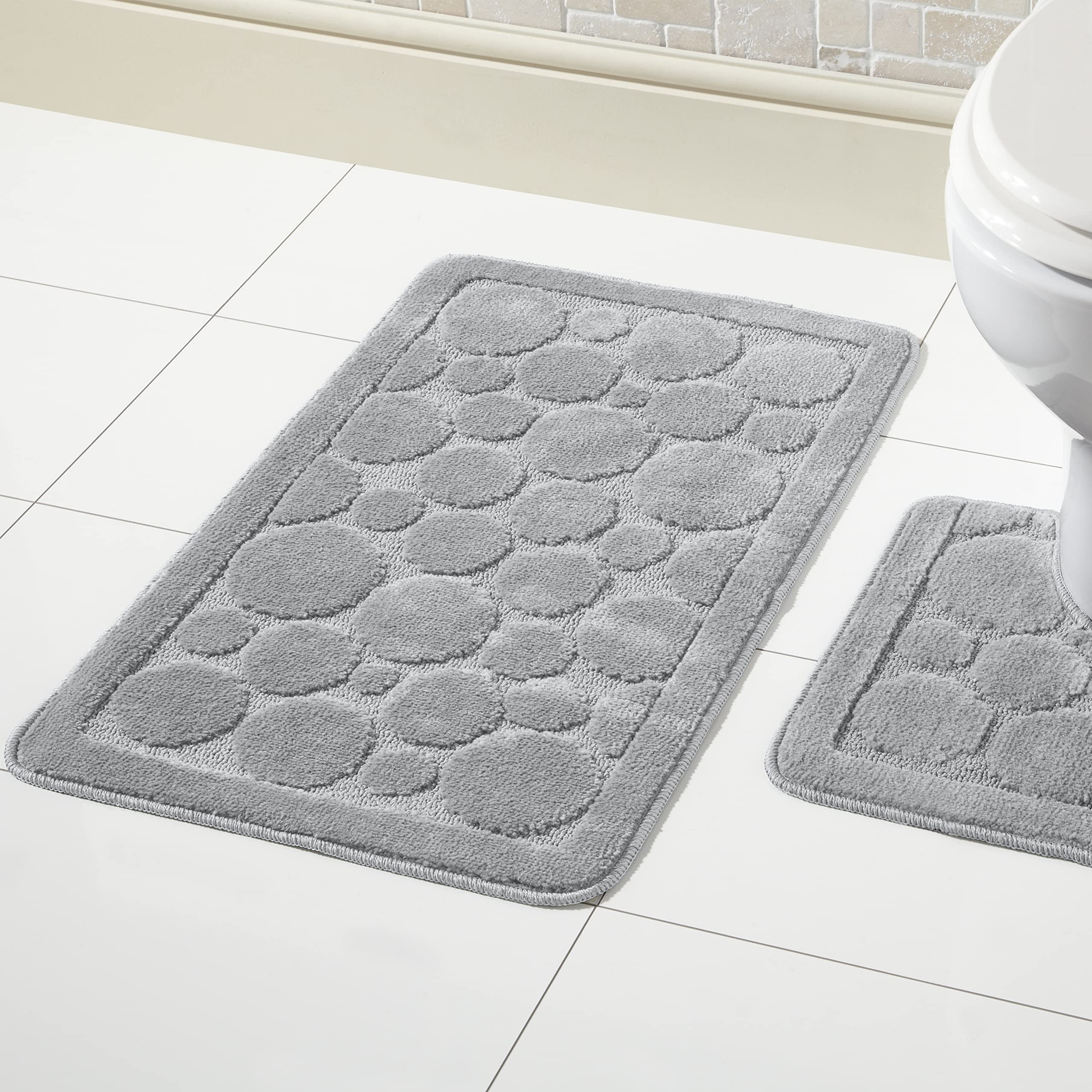 Olivia Rocco Cali Bubbles 2 Piece Bath Mat & Pedestal Set Non Slip Soft Absorbent Toilet Bathroom Mats Sets (Silver)
