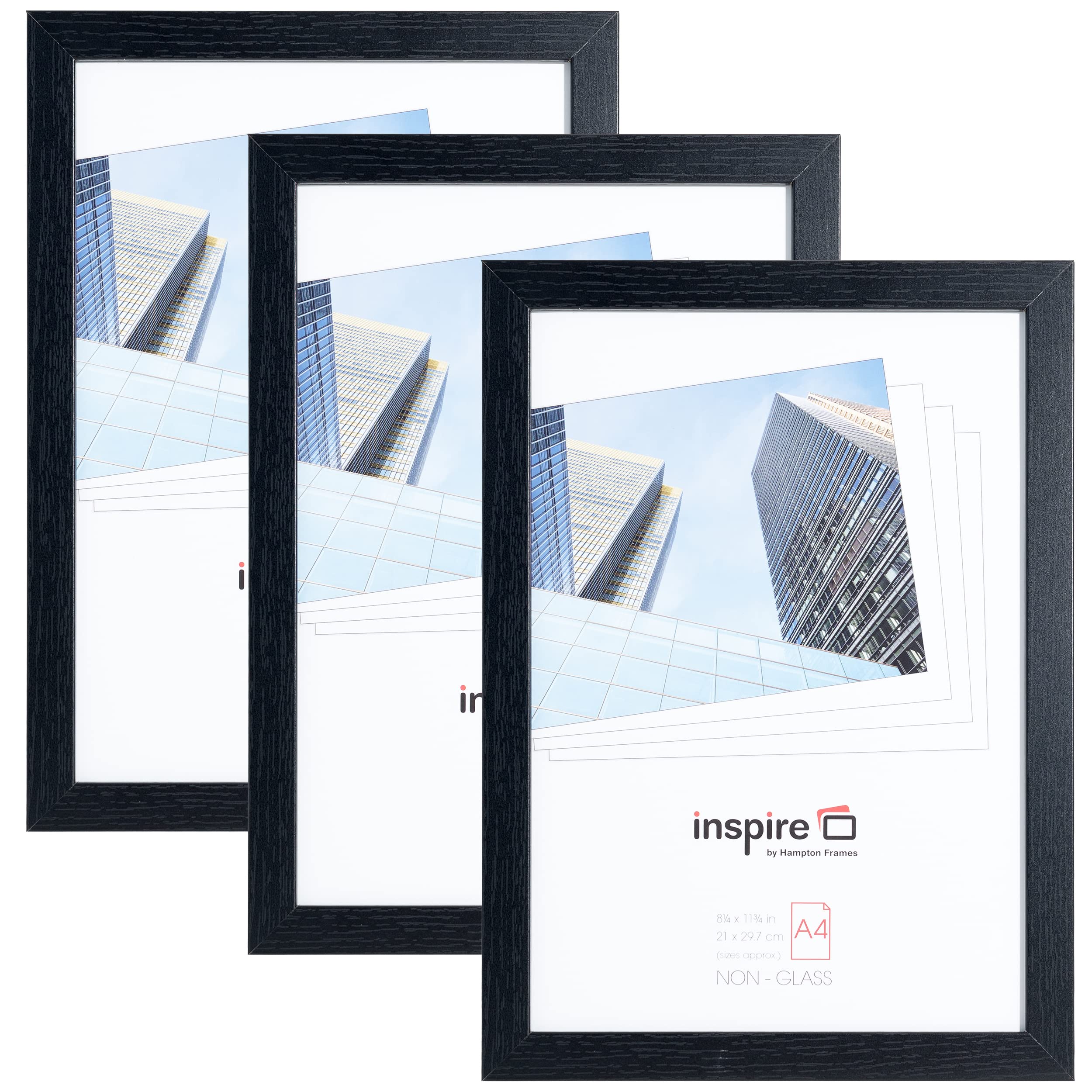 Hampton Frames | Oxford A4 Picture Frame Triple Pack, Black, 21x30cm, Acrylic Front, MDF Wood Effect | Display for Photos, Certificates, Posters