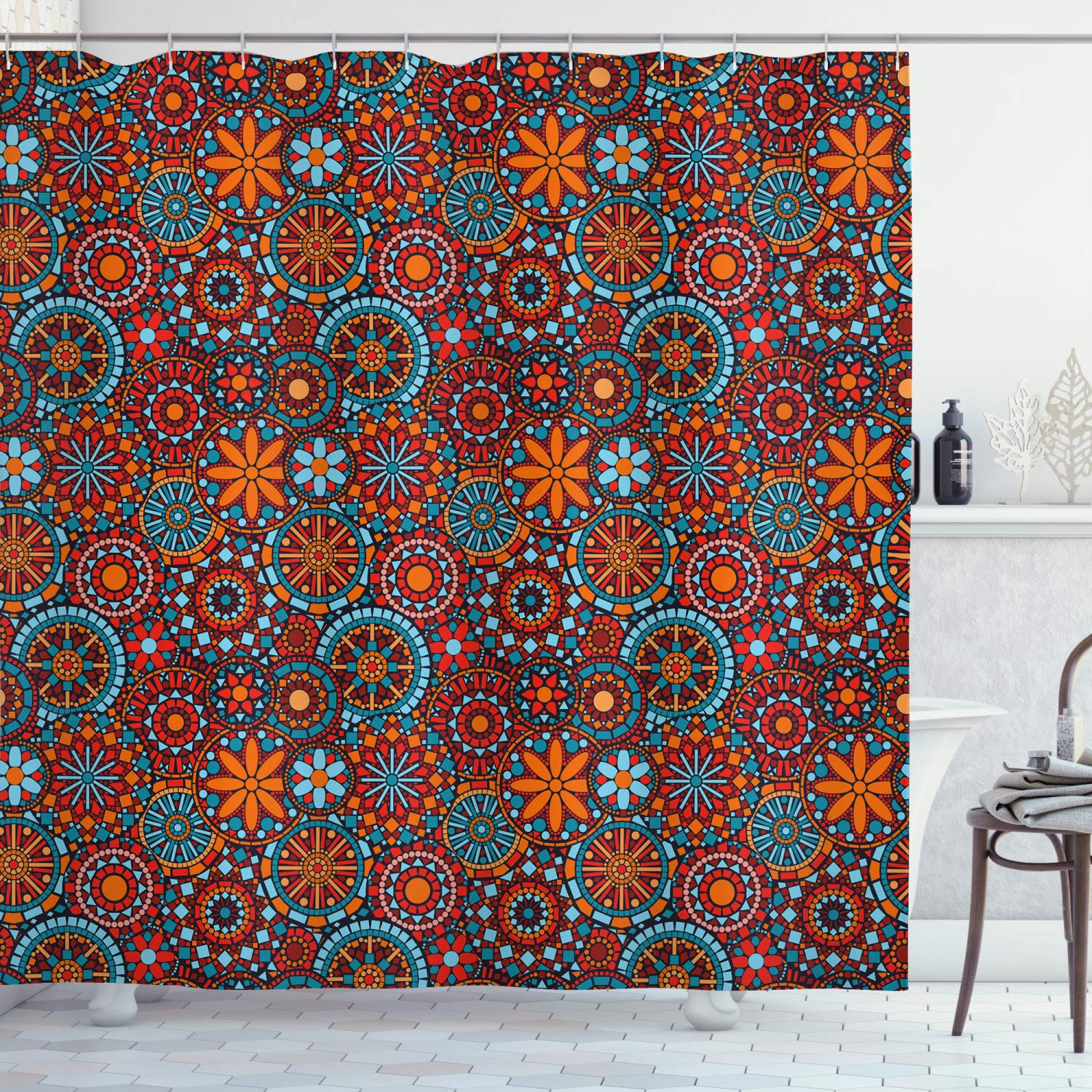 ABAKUHAUS Mandala Shower Curtain, Circular Floral Cosmos Moroccan Design, Cloth Fabric Bathroom Decor Set with Hooks, 94 Inches, Vermilion Ruby Sky Blue