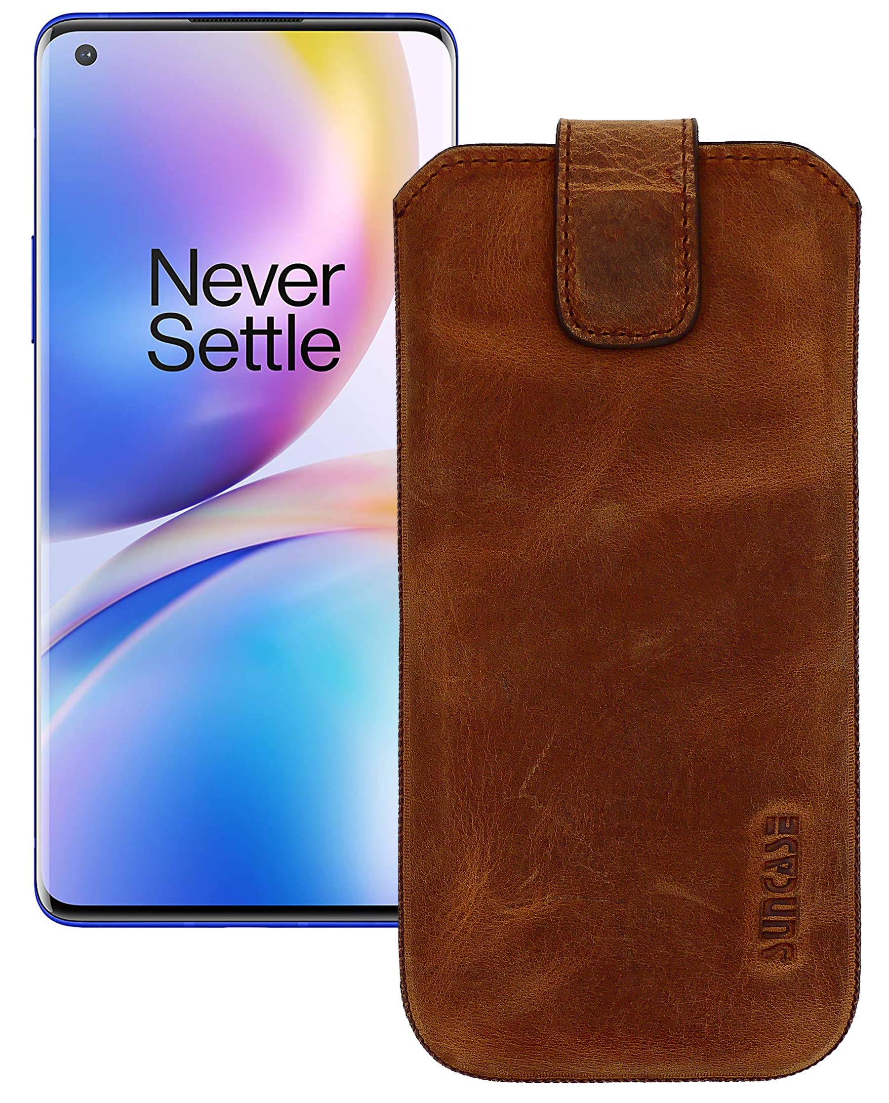 Suncase Case Compatible with OnePlus 8 with Additional Case / Shell / Bumper / Silicone *Pull Up Tab Feature * Mobile Phone Leather Protective Case in Antique Coffee