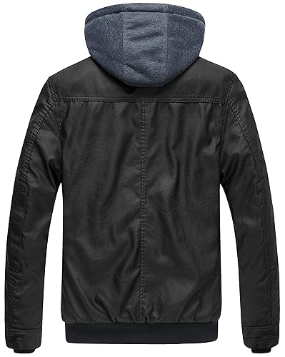 wantdo Men's Spring Faux Leather Jacket with Hood Outdoor Jacket
