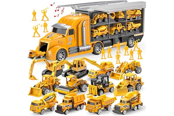 JOYIN 25-in-1 Construction Truck Toy Set with 12 Vehicles & 12 Worker Figures, Push and Go Toy Trucks with Sound and Light, C