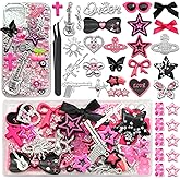 BELICEY Junk Case Charms Kit Black Pink Charm for Phone Cases Multi-Shape Kawaii Bow Heart Star Phone Case Charm Flatback Pearls for Customizing Case Nails Jewelry DIY Craft