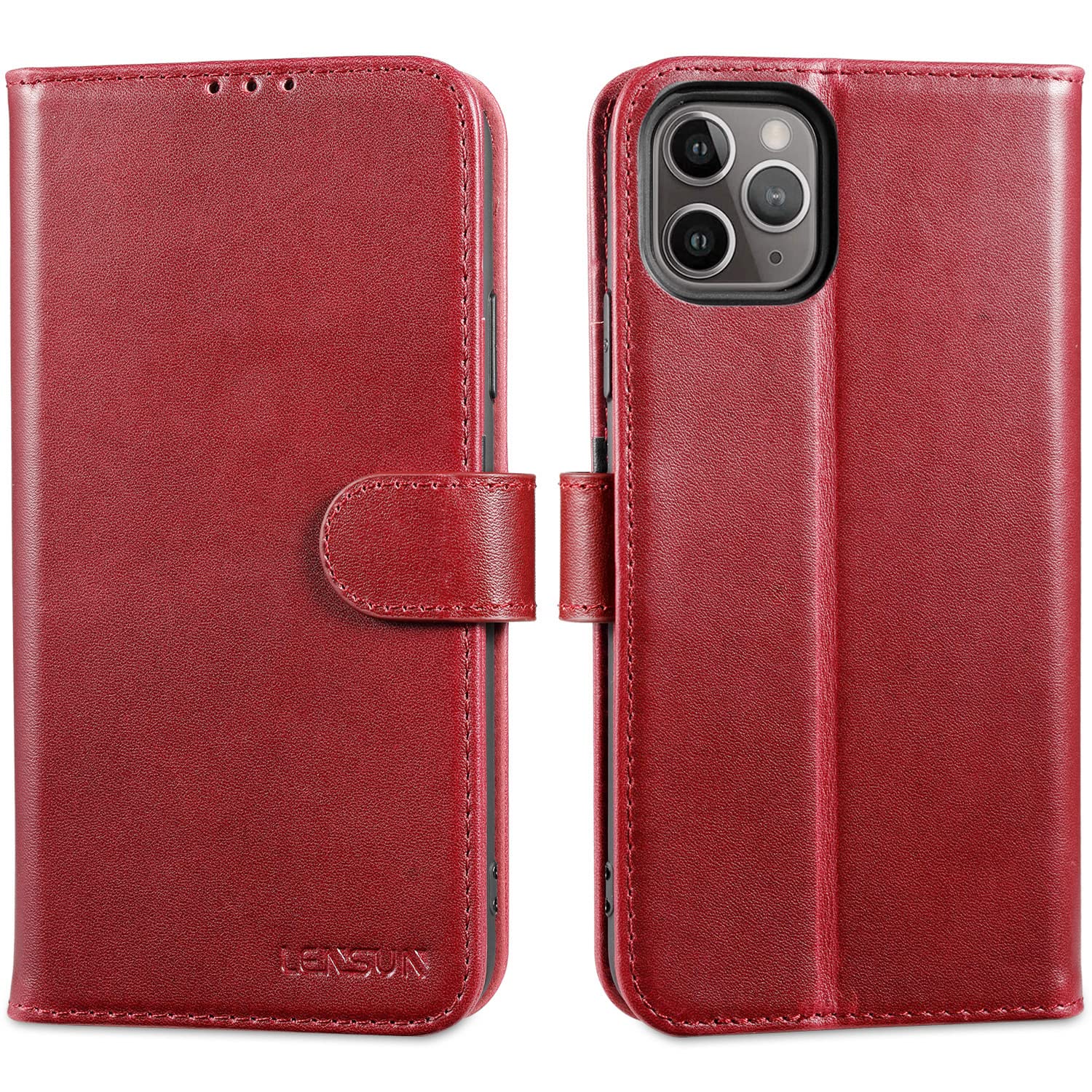 LENSUN Case for iPhone 11 Pro, Genuine Leather Flip Wallet Phone Cover [RFID Blocking] with Card Holder and Magnetic Closure Compatible with Apple iPhone 11 Pro - Wine Red