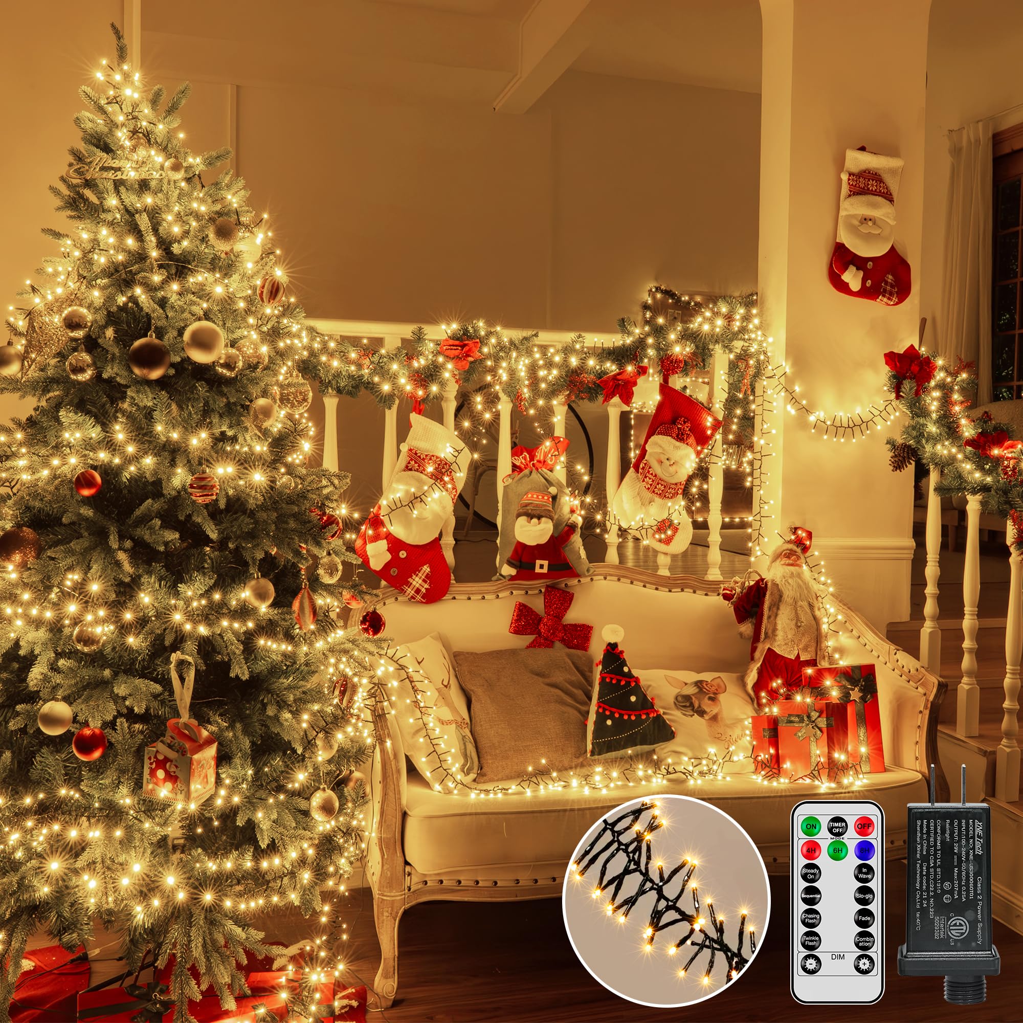 Photo 1 of Ccinny 1200 LED 59 FT Cluster Lights, Warm White Christmas Tree Lights 8 Modes Timer Remote, Waterproof String Lights for Indoor Outside Garland Xmas Decorations