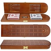 Pacific Shore Games Wooden Cribbage Board Game Set, Walnut Stained Continuous 3 Track for 2-3 Players, Card Storage