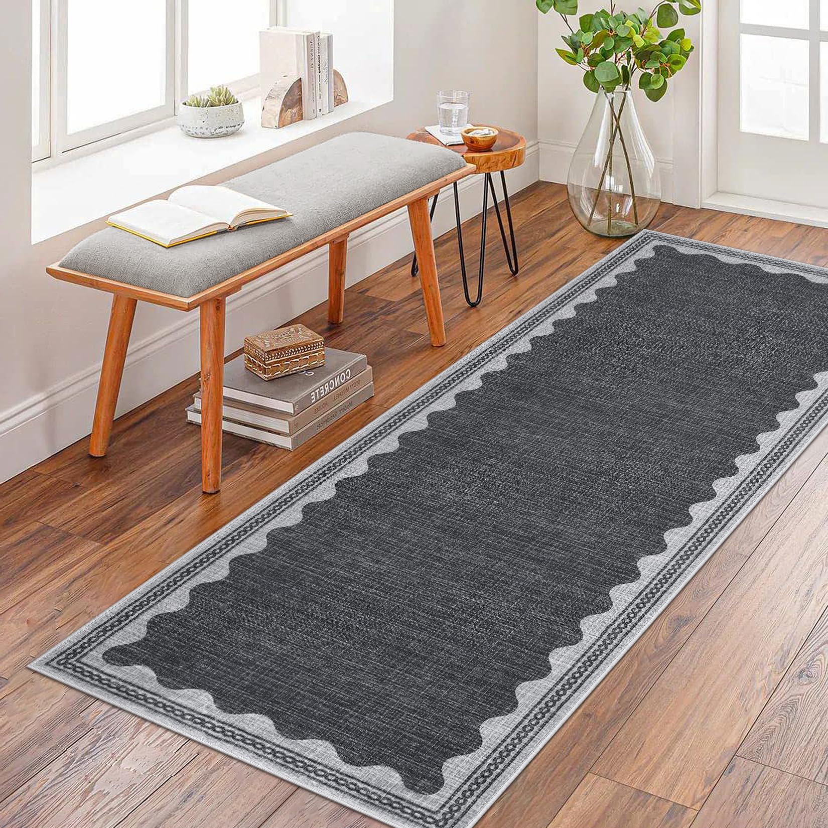 Photo 1 of CAREMEE Scalloped Rug 2x6 Runners for Hallways, Solid Grey Runner Rugs Non Slip Scalloped Bath Runner, Washable Rug for Bedroom Girls, Mat for Kitchen Floor Soft Dorm Nursery Carpet for Bedside
