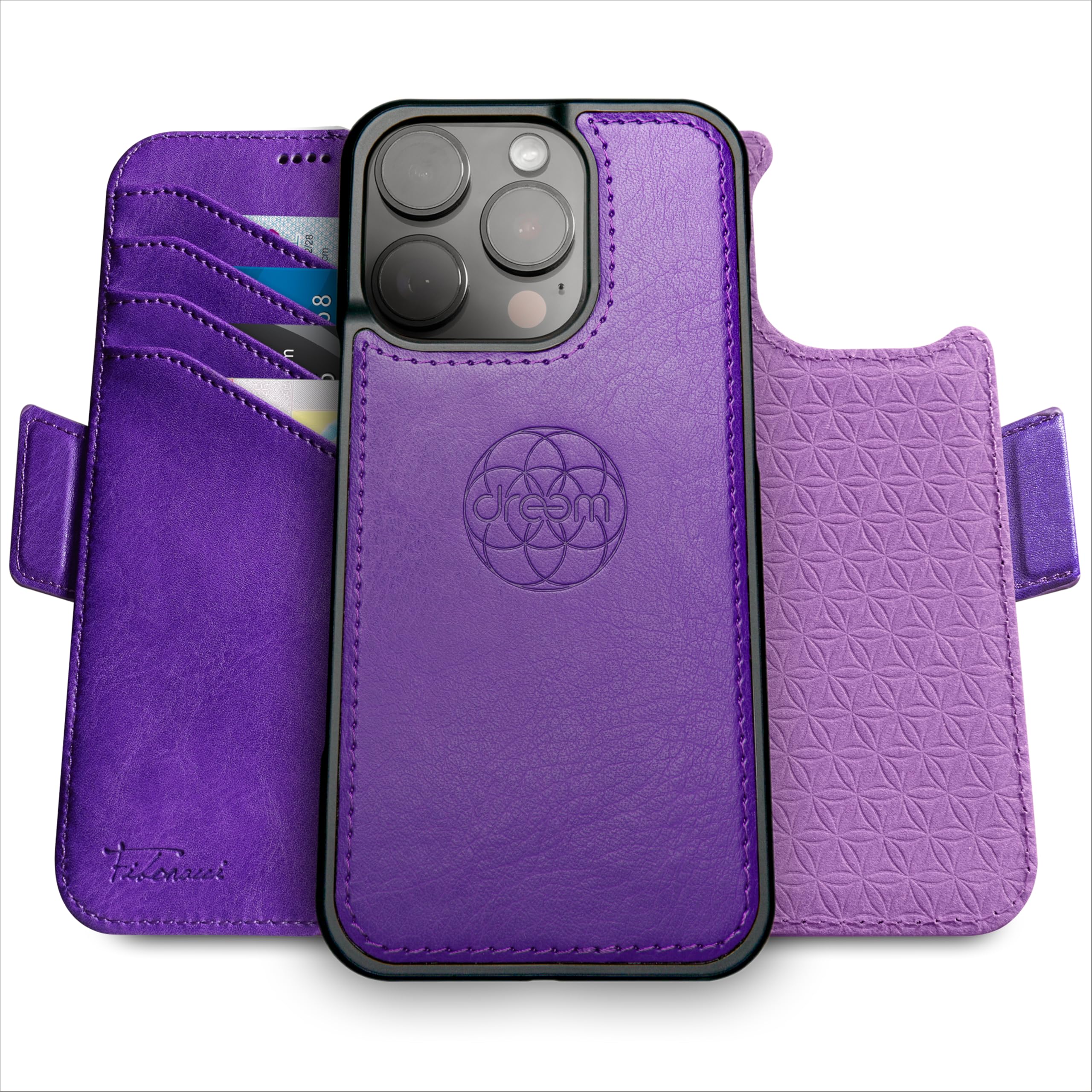 dreem Wallet Case for iPhone 16 Pro, Revolutionary Vert/Hor Phone Stand, Magnetic Detachable Vegan Leather Flip Cover RFID Blocking Card Holder, MagSafe-Fit, Gift Box [Fibonacci: Purple]