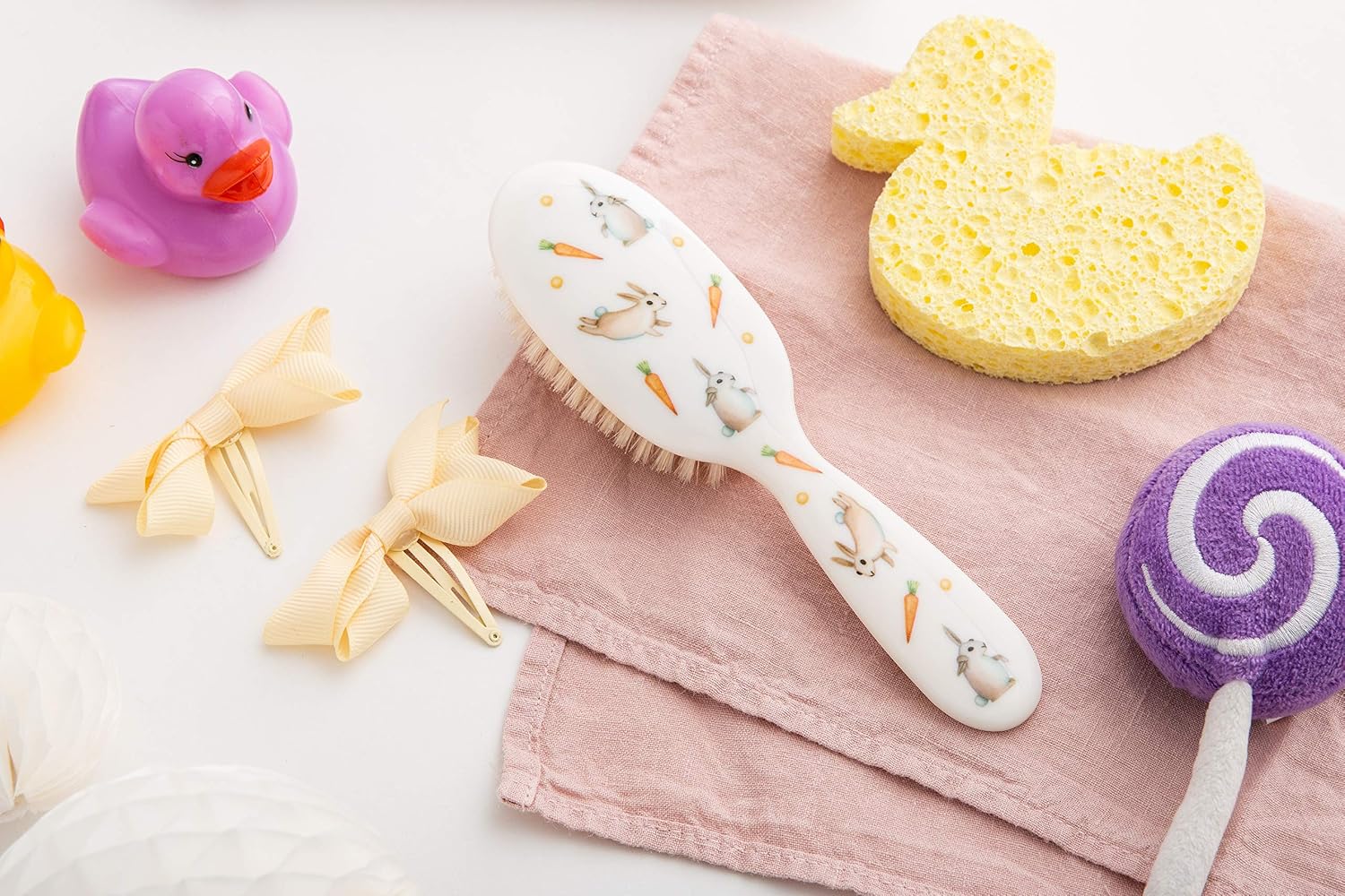 Rock & Ruddle Soft White Natural Boar Bristle Hairbrush for Babies and Young Children. Perfect for Fine Hair Detangling and Smoothing. Little Rabbits Design - Image 5