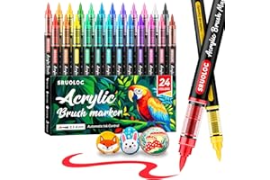 SRUOLOC 24 Colors Acrylic Paint Markers, Brush Tip Automatic Ink Control Acrylic Paint Pens for Rock Painting, Canvas, Wood, Ceramic, Glass, Stone, Fabric, DIY Crafts Textile & Art Supplies