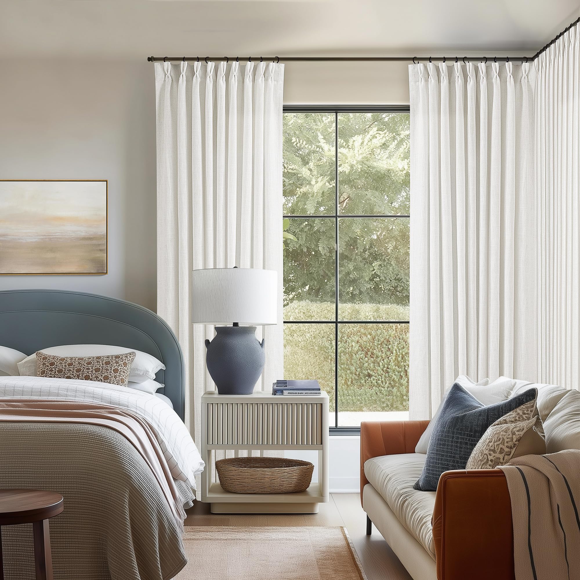 Photo 1 of Beige White Pinch Pleated Linen Curtains 96 Inches Long 60 Inch Width Linen Blend Light Filtering Window Curtains 96 Inch for Living Room Bedroom Patio Pinch Pleat Drapes Hooks Rings 1 Panel 60Wx96L