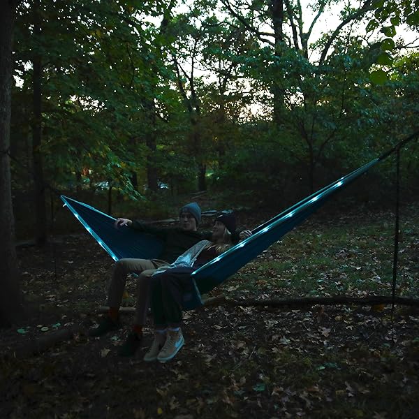 EQUIP OUTDOORS PORTABLE CAMPING ILLUMINATED HAMMOCK, HANGING KIT INCLUDED, TWO PERSON LIGHT UP HAMMOCK, BLUE, 124” L X 77” W (99554)