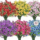 Ouddy Decor 24 Bundles Artificial Flowers for Outdoors Fake Silk Flowers UV Resistant Faux Plastic Plants for Spring Summer Garden Porch Window Box Table Vase Home Indoor Outdoor Decoration, Mixed