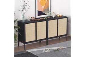 XIAO WEI 63" W Black Large Rattan Cabinet, Sideboard Buffet Cabinet with Natural Rattan Hand-Woven Doors, Accent Buffet Console Storage Credenza, for Living Room Hallway Kitchen, Metal Legs, Natural-2 Pieces