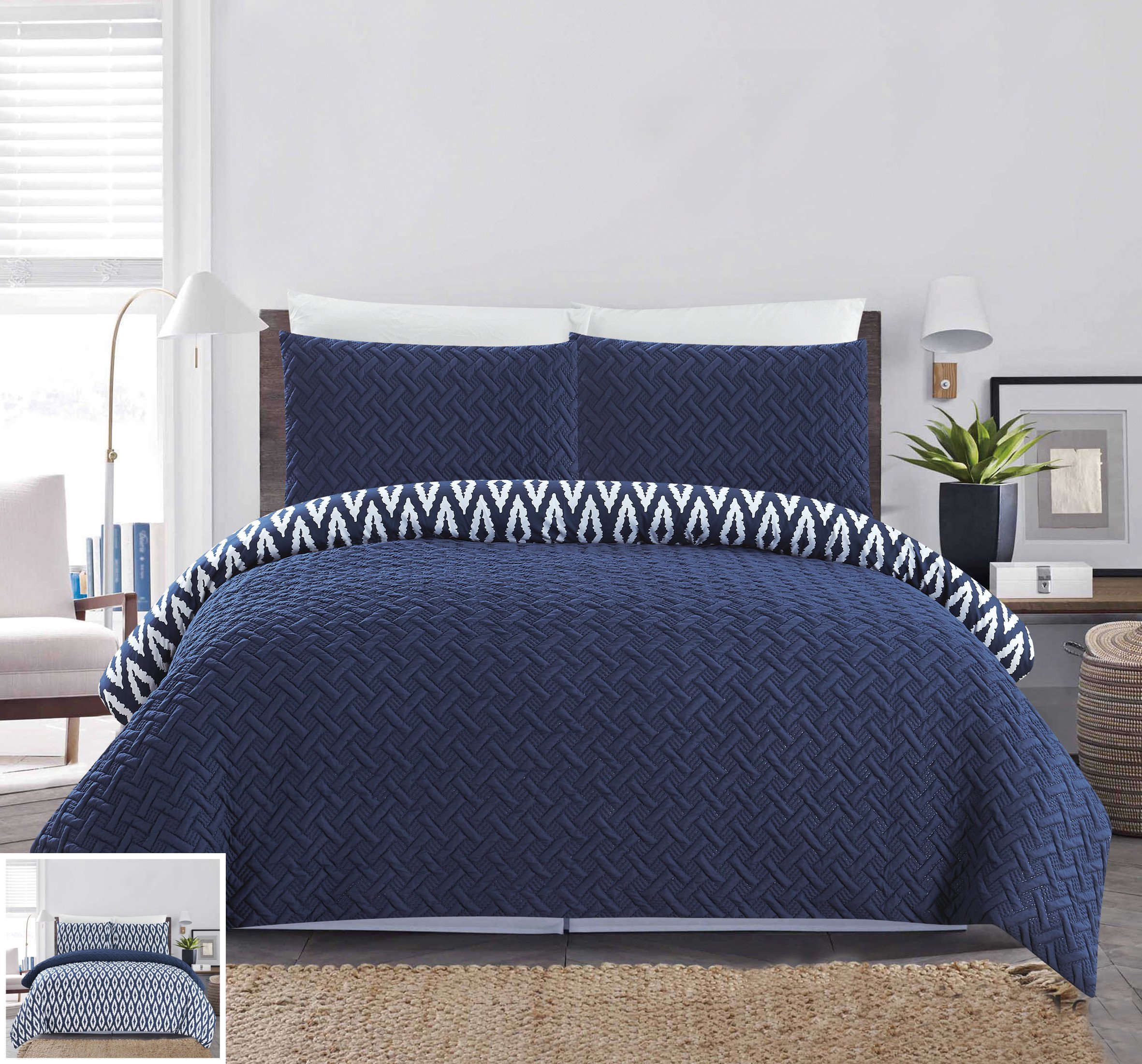 Chic Home 3 Piece Ora Heavy Embossed and Embroidered Quilted Geometrical Pattern Reversible Printed King Comforter Set Navy Image