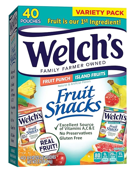 Welch's Fruit Snacks, Fruit Punch & Island Fruits Variety Pack, Gluten Free, Bulk Pack, 0.9 oz Individual Single Serve Bags (Pack of 40)