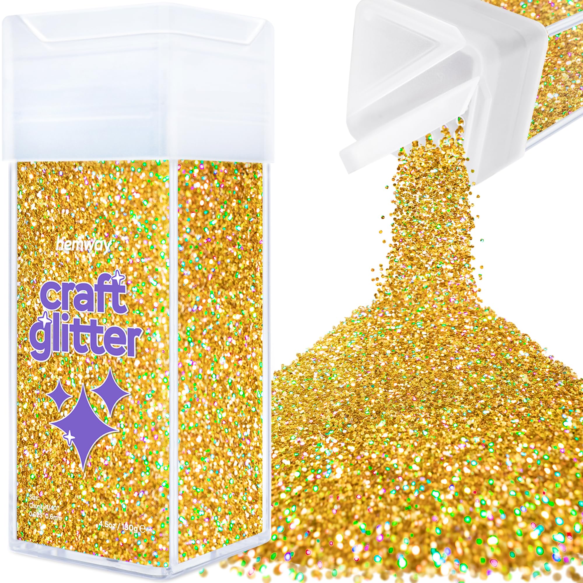 Hemway Glitter Shaker Gold Holographic 110g Chunky, Craft Glitter Shaker for Resin & Epoxy Crafts, Christmas Art Supplies, Nail, Body, Face, Eye, Festival, Crafting, Slime, Sparkle