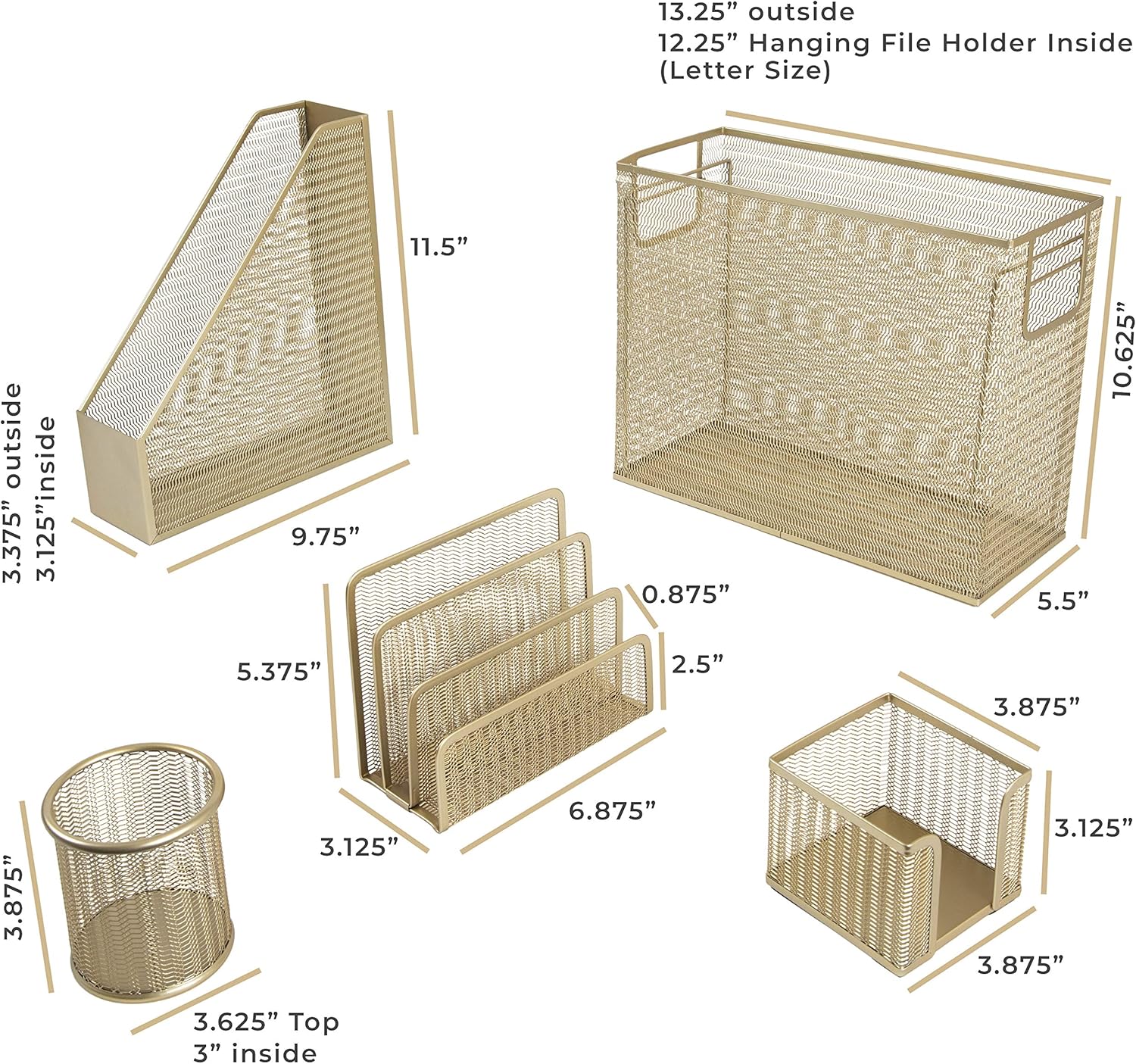 Blu Monaco 5 Piece Cute Office Supplies Gold Desk Organizer Set - with Desktop Hanging File Organizer, Magazine Holder, Pen Cup, Sticky Note Holder, Letter sorter - Gold Desk Accessories: Home Improvement