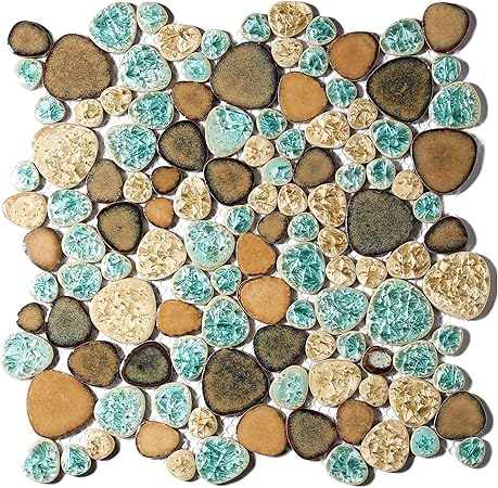 Pebble Porcelain Tile Fambe Turquoise Green Beige Shower Floor