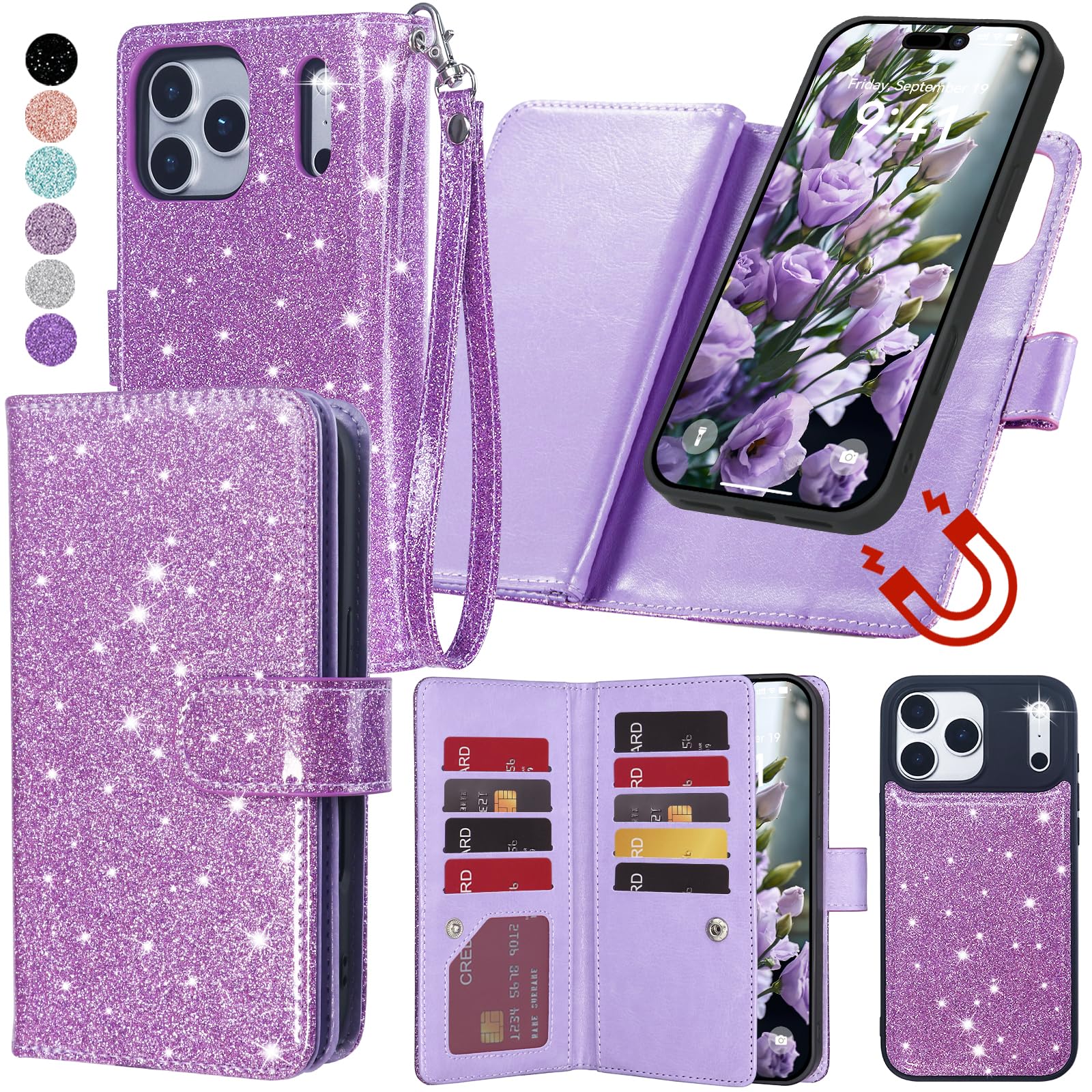 Photo 1 of Varikke for iPhone 17 Pro Wallet Case Detachable with RFID Blocking Card Holder for Women, Glitter PU Leather Strap Strong Magnetic Flip Removable Phone Case Cover for iPhone 17 Pro 6.3", Light Purple