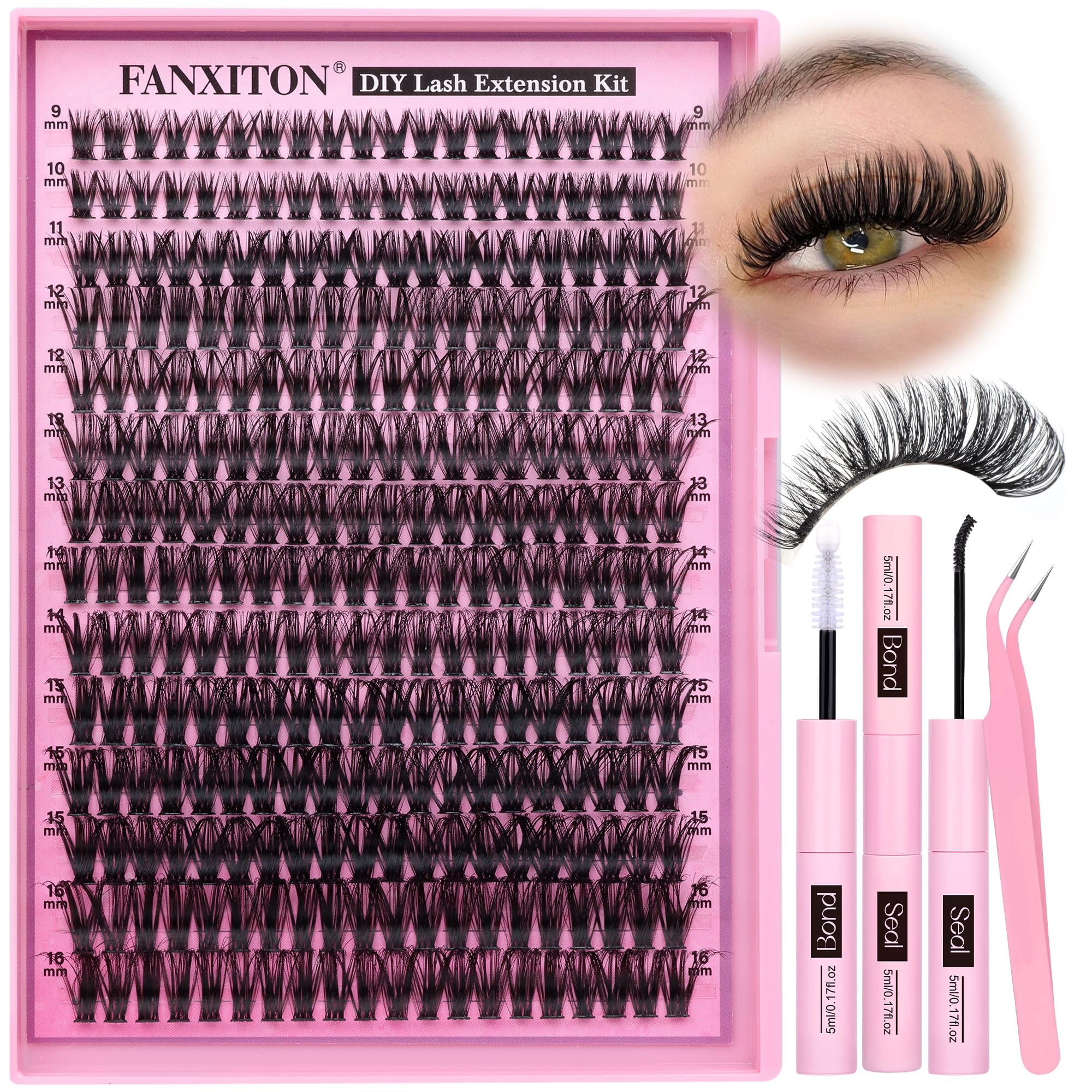 Photo 1 of FANXITON DIY Lash Extension Kit 50D D Individual Lashes Lash Clusters Kit Cluster Lashes Lash Bond and Seal and Lash Tweezers for Lash Clusters Kit DIY at Home