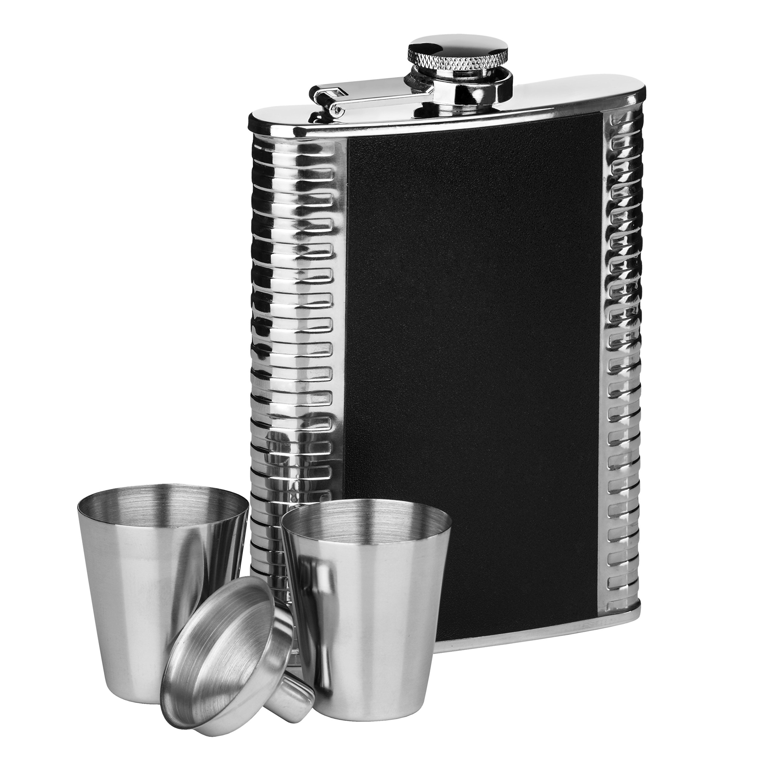 Premier Housewares 508081 Ribbed Stainless Steel Hip Flask Set, 8 oz - Black H14 x W10 x D3cm
