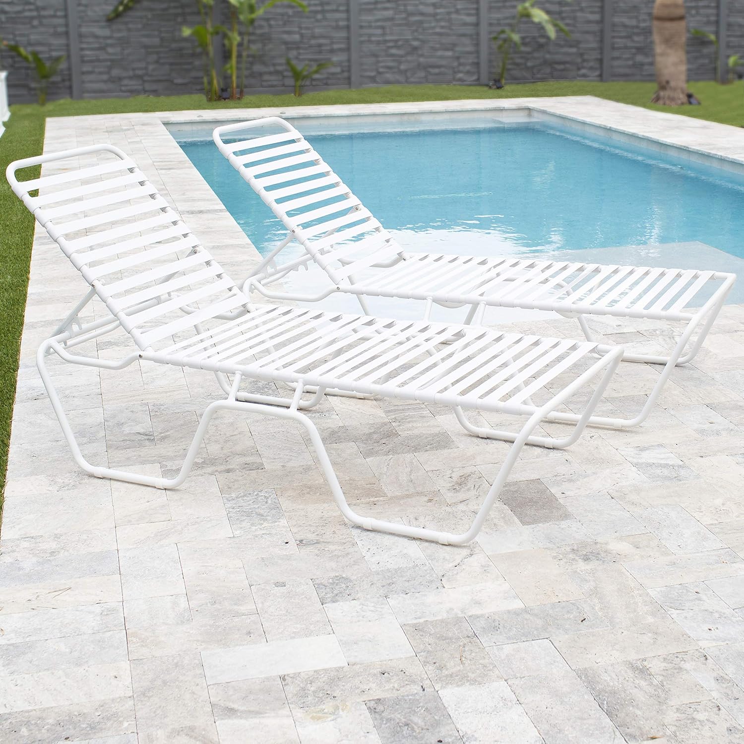 White Mix Gulfstream Poolside Patio Outdoor Commercial Grade Single Strap Lounge Chaise Patio Seating Chaise Lounges