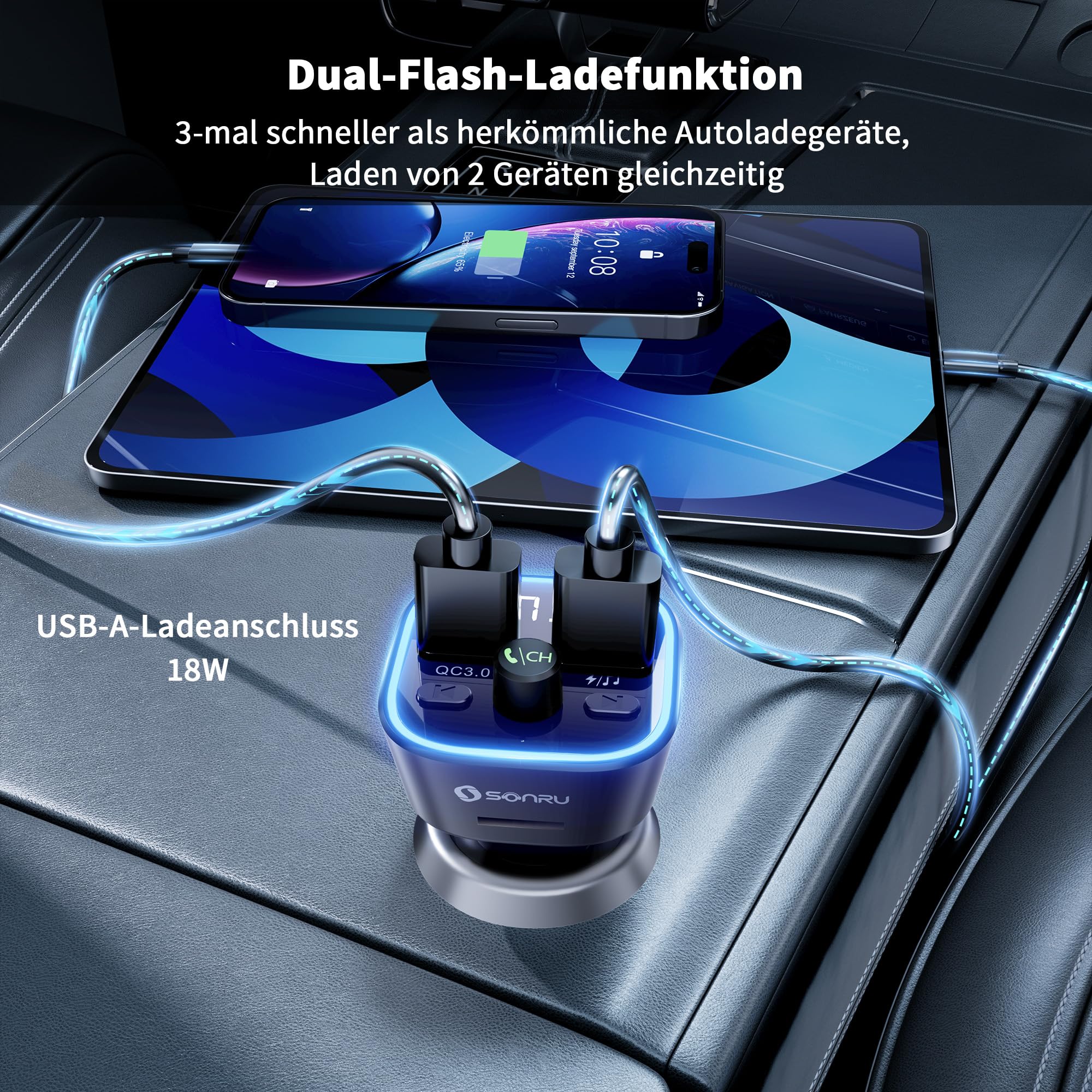 SONRU FM Transmitter Auto Bluetooth 5.3,Musik Adapter für Auto Radio,Car Radio Zigarettenanzünder, Freisprecheinrichtung und Ladegerät mit 2 USB-Anschlüssen, HiFi-Höhen- und Basswiedergabe 4