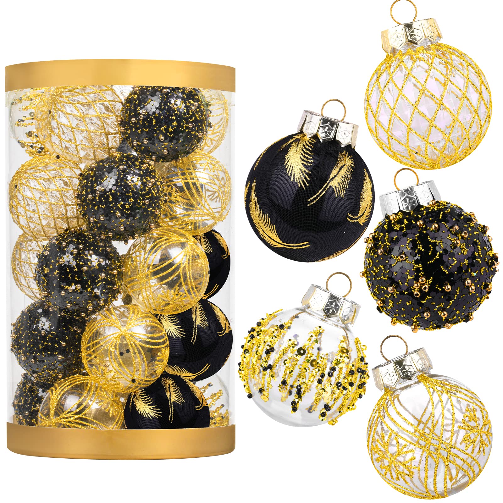 Photo 1 of 25pcs Christmas Tree Balls, 2.36" Christmas Ornament Decorations Shatterproof Ornaments Black and Gold Color Painted Christmas Baubles Decorations for Party Wedding Christmas Decor