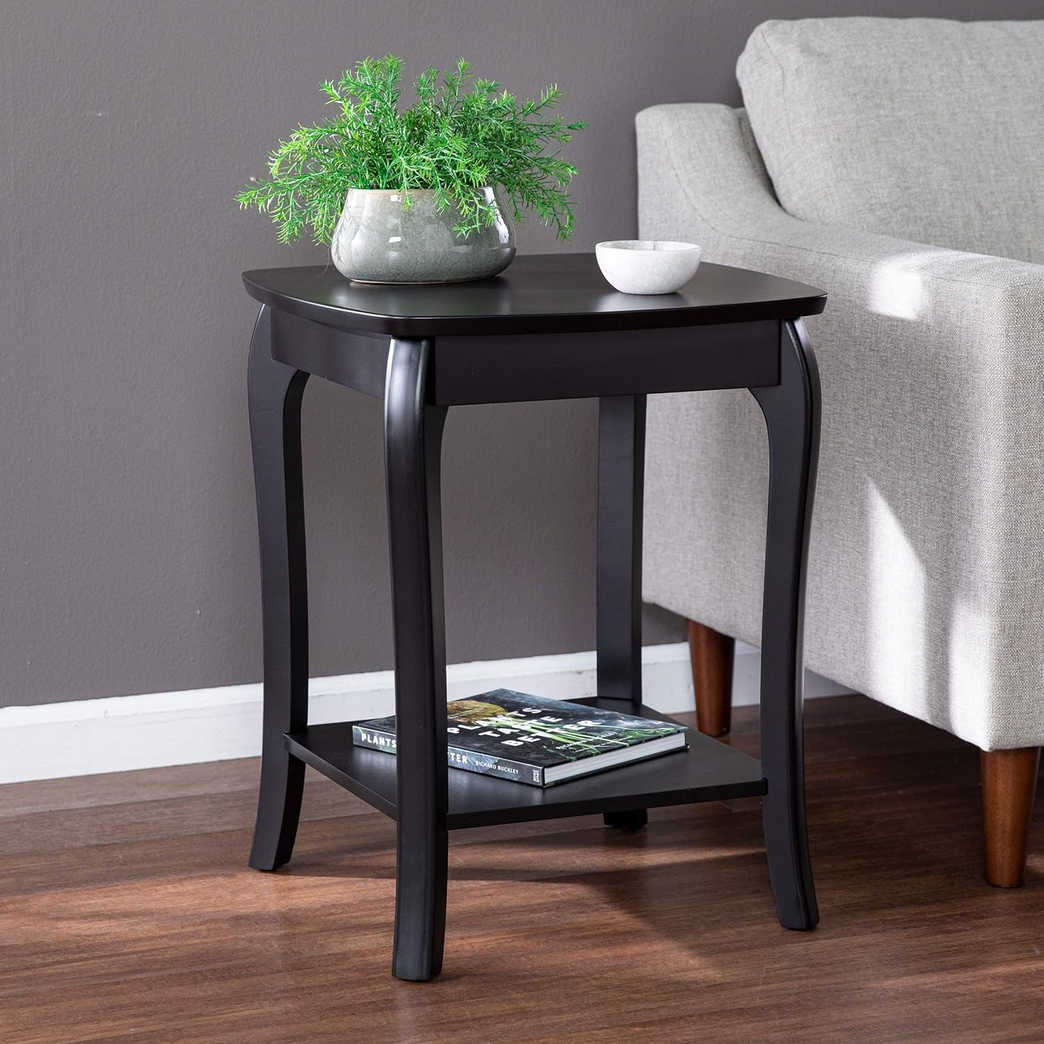 UKN Transitional Black Wood End Table Square Finish Shelf