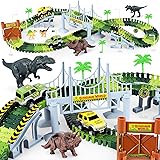 Dinosaur Toys-170 pcs Create A Dinosaur World Road Race-Flexible Track Playset ,4 Dinosaurs and 2 Race Car Toys for 3 4 5 6 Y