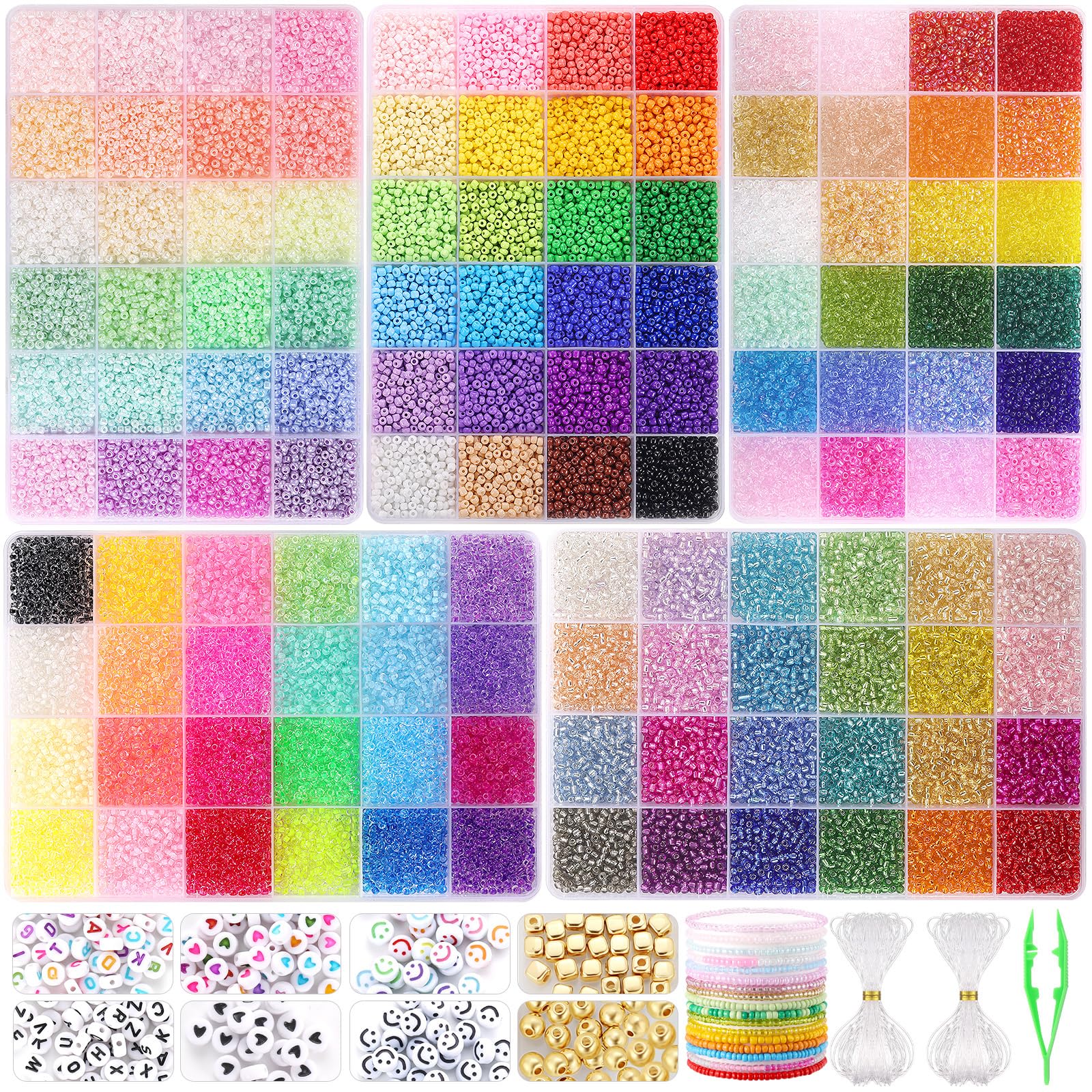 Photo 1 of Funtopia 34000pcs+ 3mm Seed Beads for Jewelry Making, 5 Types 120 Colors Small Glass Beads for Bracelets, Friendship Bracelet Kit with Alphabet Letter Beads Smile Face Beads for DIY, Art and Craft