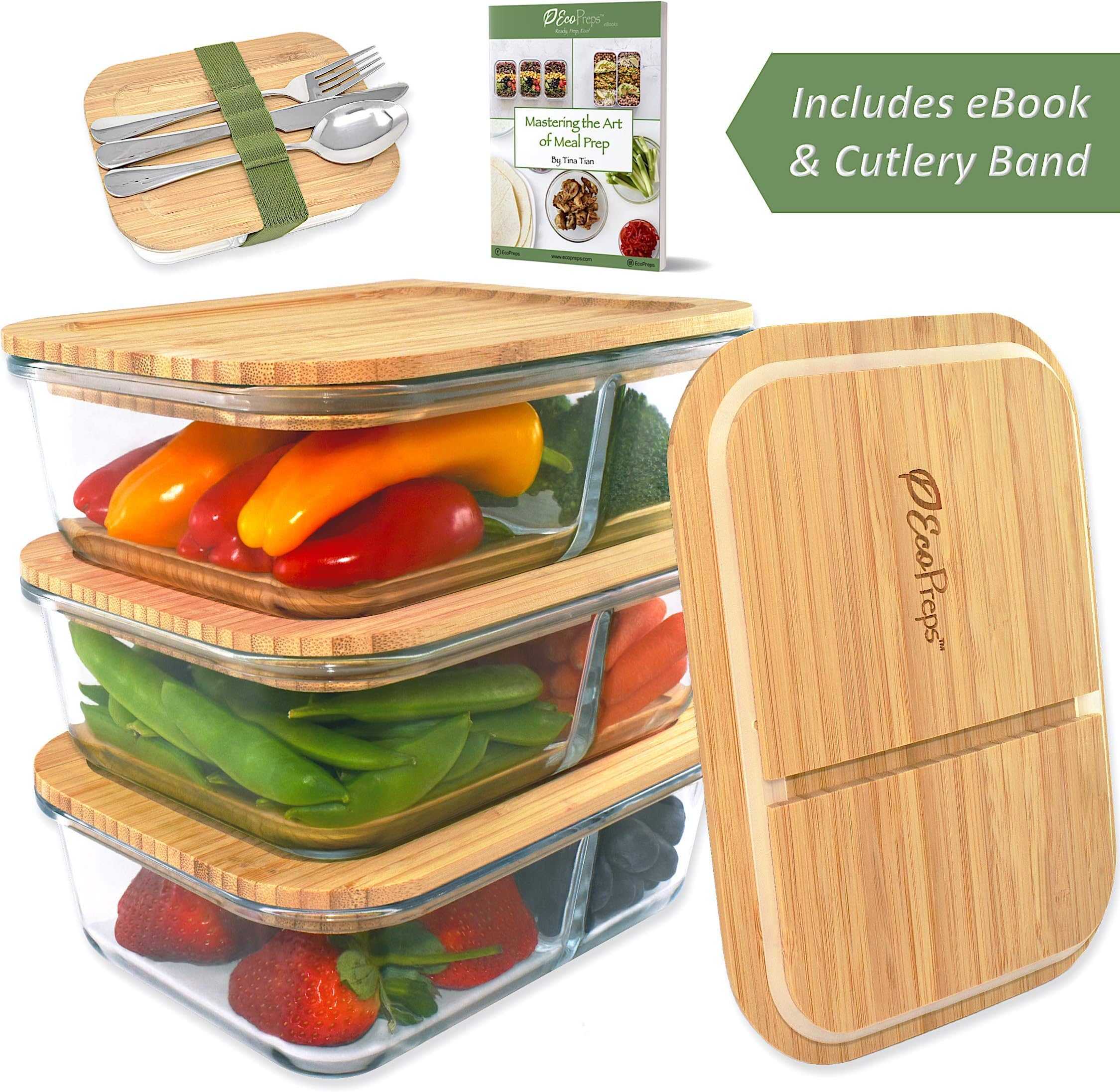 ECOPREPS Glass Meal Prep Containers with Bamboo Lids 》The Most Eco-Friendly Lunch Box Container in the World 》100% Plastic-Free, Reusable Bento Food Storage for Portion Control【2 Compartment, 3 Pack】