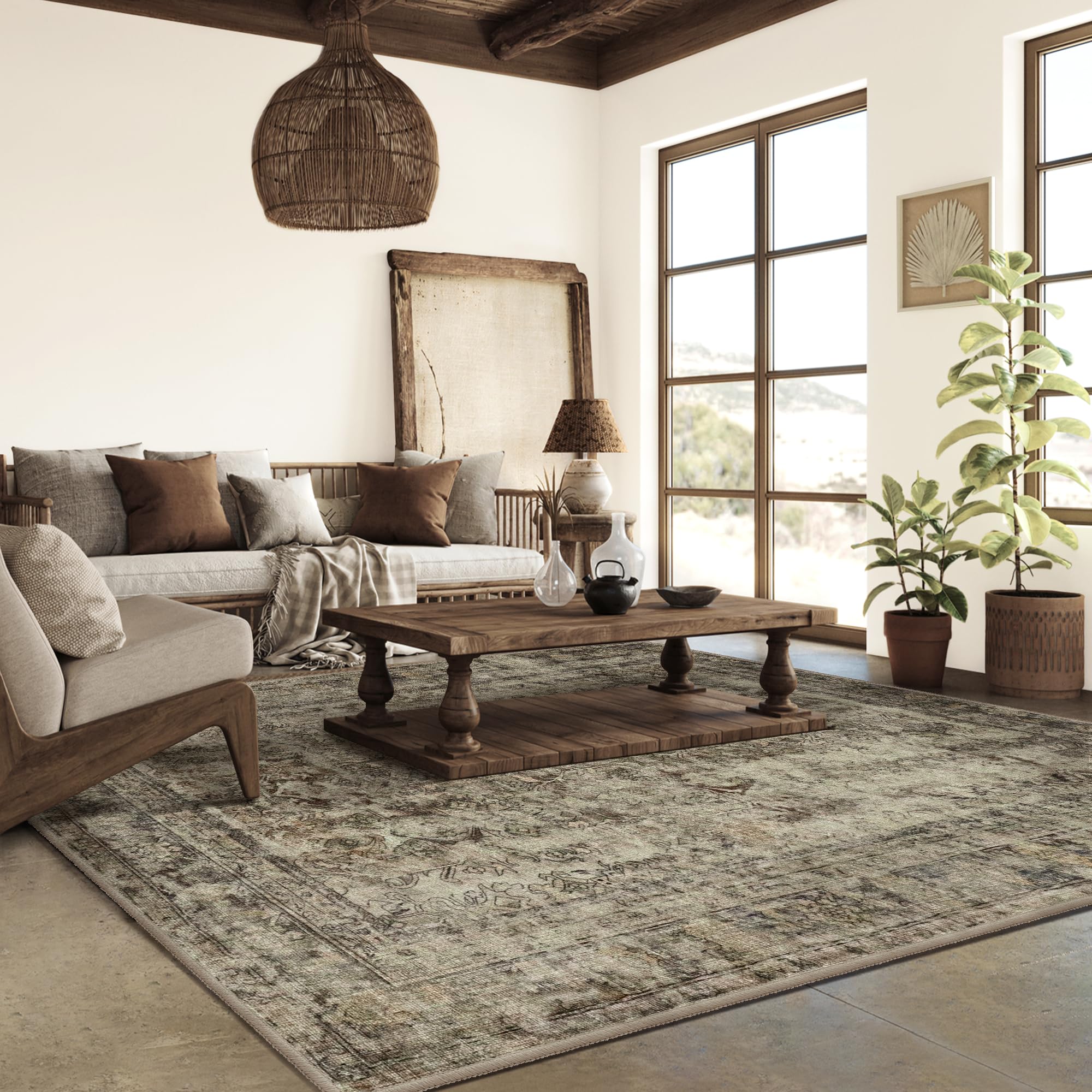 Washable Rugs 9x12, Vintage Grey Rug Soft Antique Pebble Taupe Area Rug for Living Room, Low Pile Large Stain Resistant Rug, Floor Carpet for Bedroom, Dining, Nursery, Office