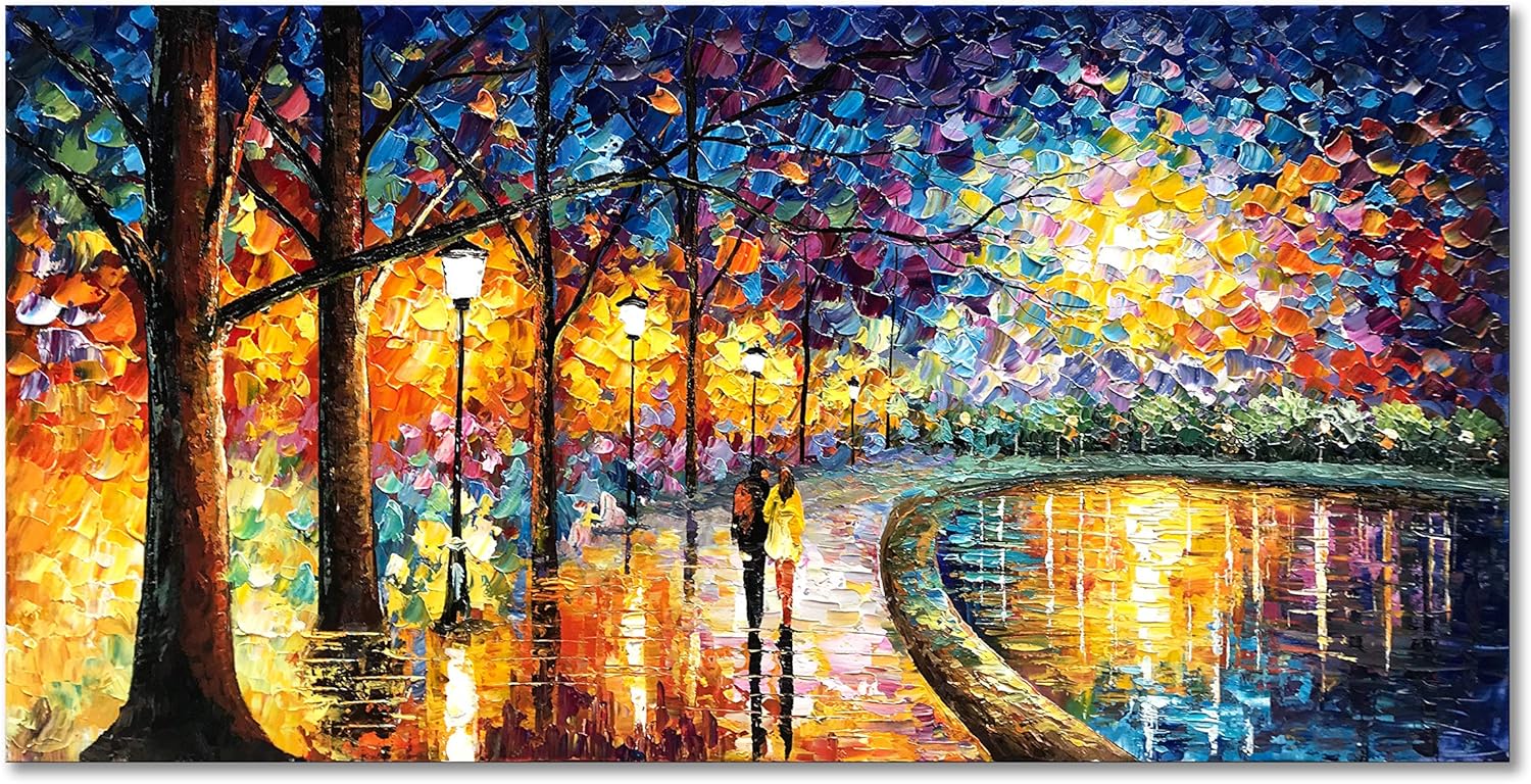 Paintings - Diathou Canvas Abstract Romantic Theme Oil Painting, Hand-Painted Abstract Oil Painting Blue Artwork, 24x48 Inch Artwork Home Decoration Wall Decoration Stretch Frame Ready to Hang