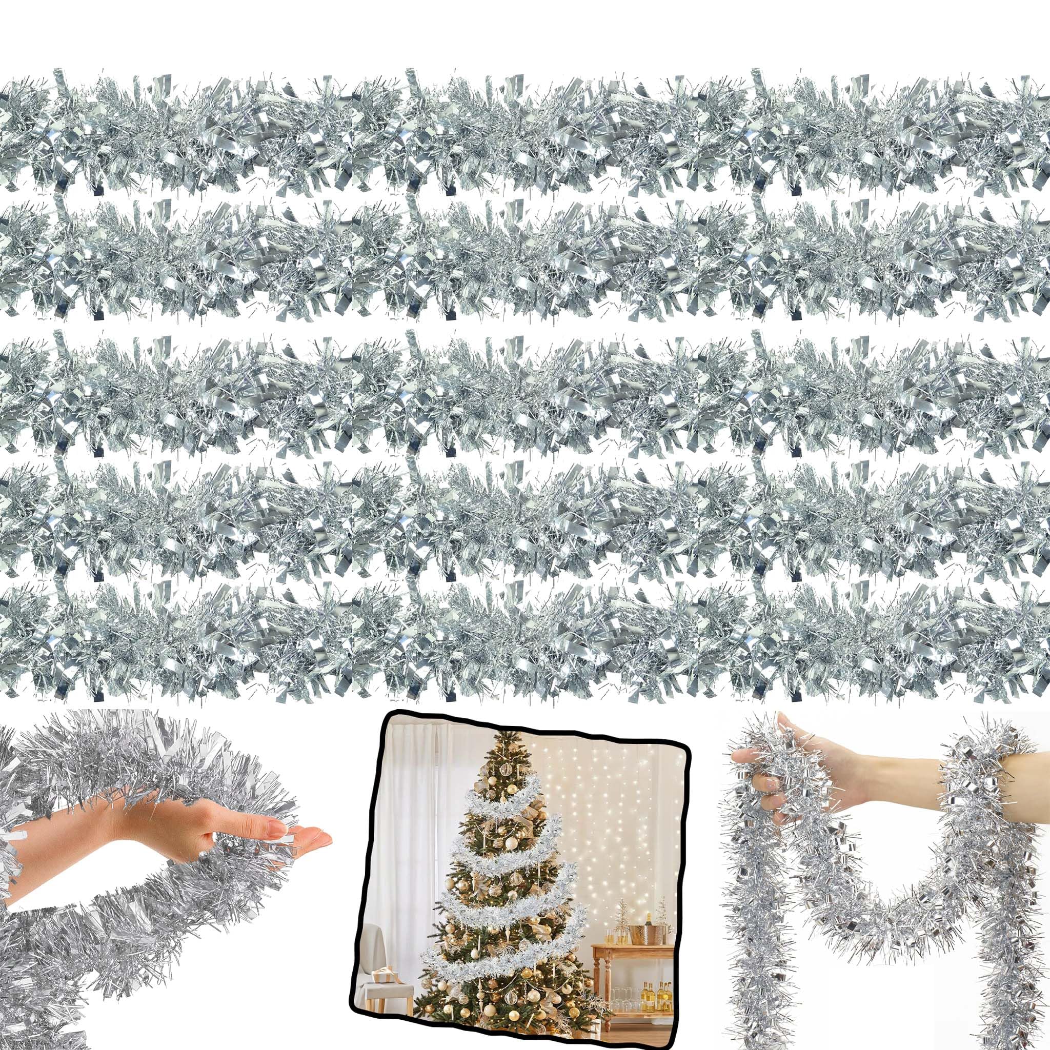 HOVUK® 5PCs Silver Fine Cut Chunky Tinsel- Total 10M - Thick and Thin Shiny Tinsel Garlands, Luxury Christmas Tree Decoration for Xmas Party and Home Decoration