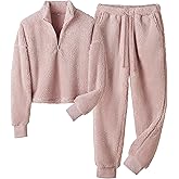 VATEAMI Women's Fluffy Pajamas Set Loungewear Sleepwear Lounge Casual Fleece Cropped Flannel Pullover and Pants Set