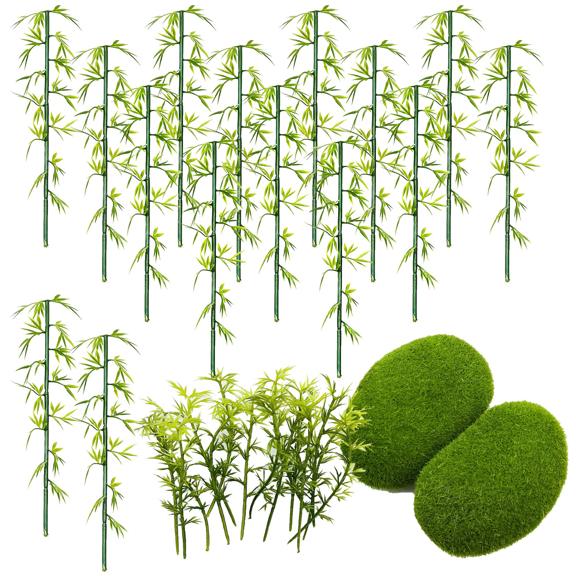 Woohome Model Bamboo Trees, 30 PCS Miniature Bamboo Trees Landscape Green Plastic Bamboo Trees and 2 PCS Artificial Moss Rocks Fake Moss Rocks for Home Decoration, Fairy Gardens