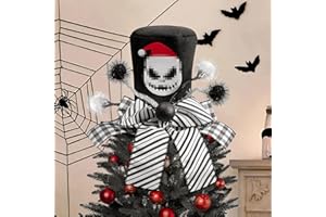CYjorkbgg Halloween Christmas Tree Topper Hat - Halloween Jack and Sally Hat Decor for Christmas Tree Top Cartoon Skull Large Black Hat with Black and White Bow Velvet Strip Pom Tree Ornament for Home