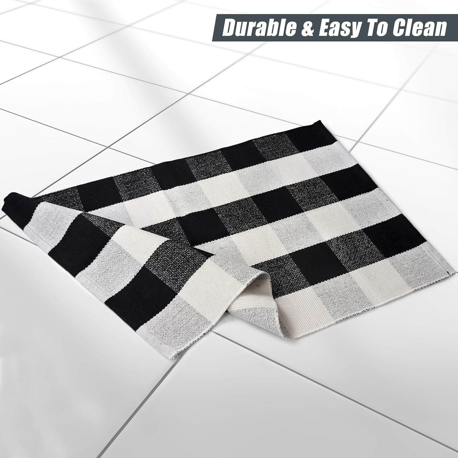 Sierra Concepts 2-Pack Buffalo Plaid Check Rug Door Mat, 35" x 24" Cotton Black/White Indoor Outdoor Layered Front Porch Décor Area, Farmhouse Checkered Rugs Woven - Floor, Laundry, Kitchen, Bathroom: Kitchen & Dining