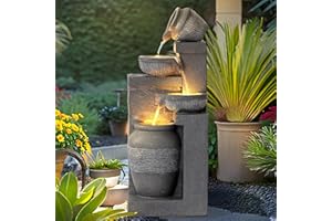 USSerenaY 4-Tier Outdoor Indoor Water Feature Fountain, 32" H Indoor Cascading Waterfall with 3 LED Lights, Floor Standing Garden Fountain for Garden, Deck, Backyard, Patio, Yard (Grey)