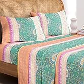 Wake In Cloud - Boho Bed Sheets, 4-Piece Sheet Set, Bohemian Chic Medallion Colorful Hippie Aesthetic Bedding, Deep Pocket, Orange Green, Full Size