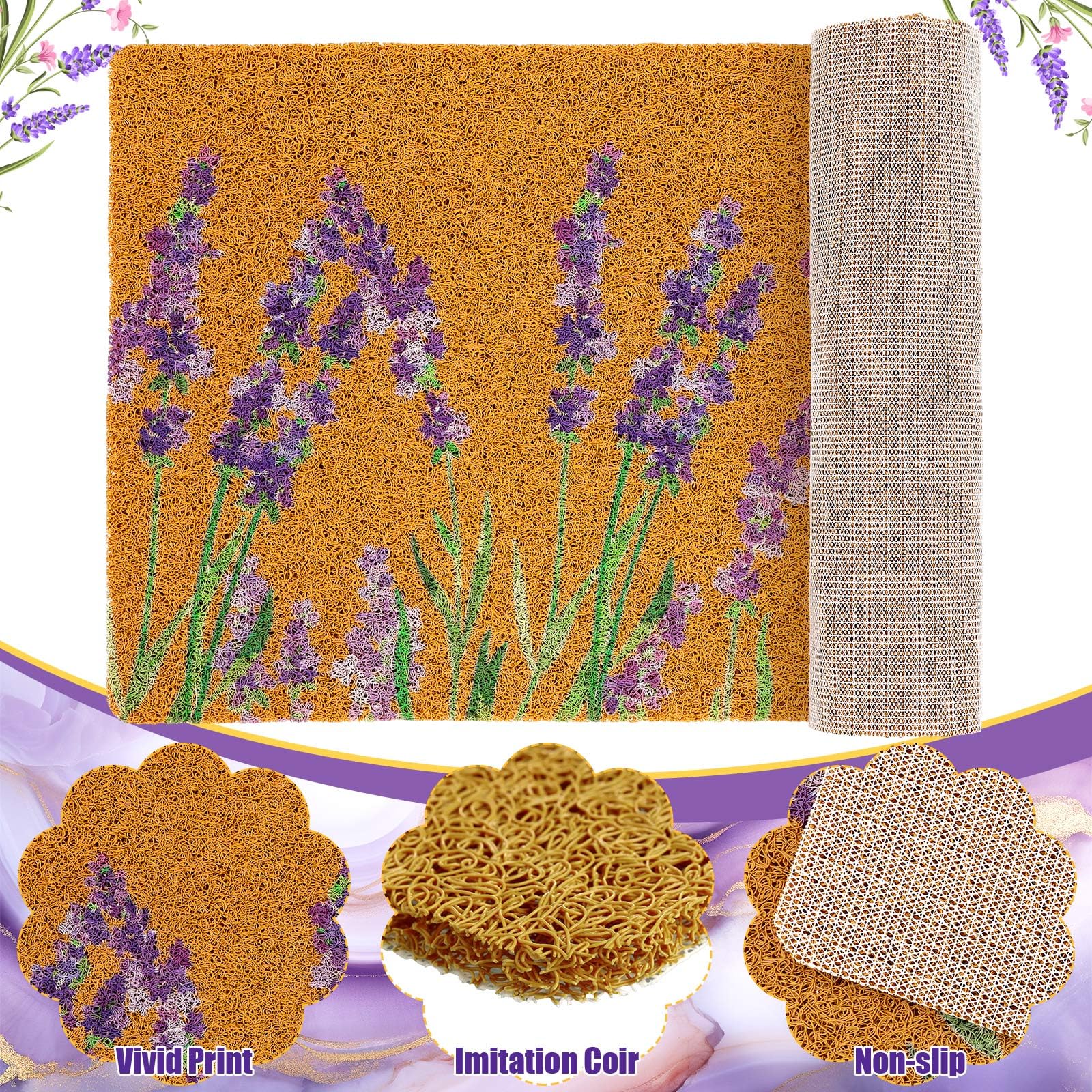 Drydiet Floral Coir Doormat and Spring Wreath Set Flower Welcome Door Mat for Front Door 17.7 x 29.5 Inch Coco Coir Doormat Summer Porch Decor for Garden Garage Patio Home Entrance(Lavender) - Image 3