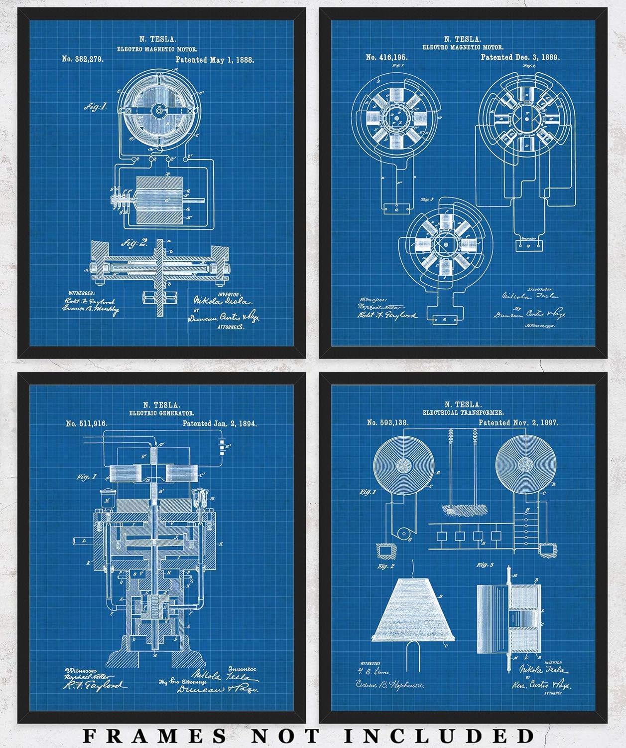 Tesla Blueprint Patent Wall Art Prints: Unique Room Decor - Set of Four (8x10) Unframed Pictures - Great Gift Idea Under $20