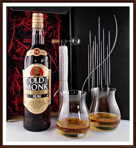Geschenk Old Monk Gold 12 Jahre indischer Rum + Flaschenportionierer + 2 Original Glencairn Gläser kostenloser Versand